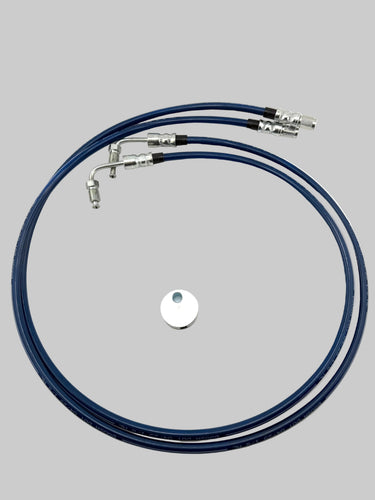 Coiled blue brake cable with silver connectors on a white background