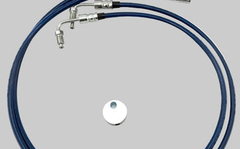 Coiled blue brake cable with silver connectors on a white background